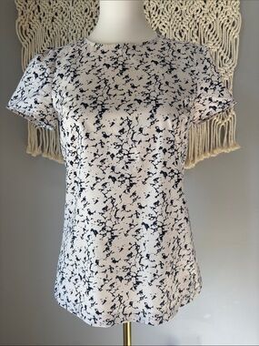 French Connection White and Navy Abstract Short Sleeve Top